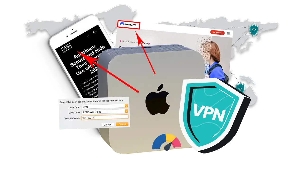 VPN options for Mac including NordVPN, global coverage, and settings interface