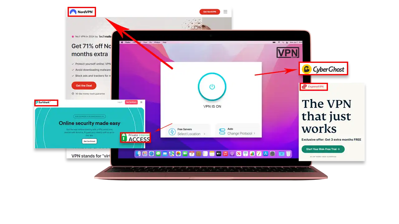 Compatible VPNs for the latest macOS including NordVPN, CyberGhost, ExpressVPN, Surfshark, and Private Internet Access